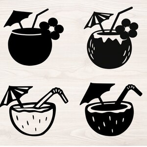 May include: Four black and white illustrations of coconut drinks with umbrellas and straws. The coconuts are drawn with a textured surface.