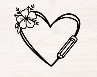 Leraar bloemen hart SVG PNG-bestanden voor snijmachines, digitale clipart, leren, liefde, monogram frame, potlood, bloemen