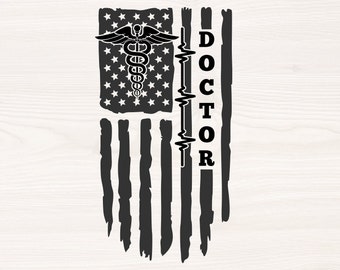 Doctor and caduceus on American flag SVG PNG Files for cutting machines, digital clipart, symbol of medicine, distressed flag, medical, MD