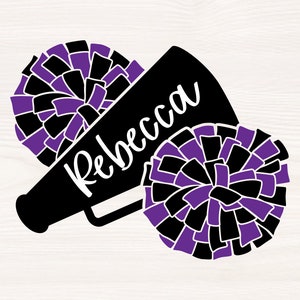 May include: Black and purple cheerleading pom-poms with a black megaphone with the name "Rebecca" written in white.