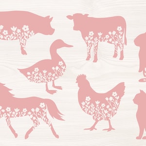 Floral animals SVG PNG Files for cutting machines, digital clipart, farm, farmhouse, flowers, silhouette, cow, horse, chicken, pig, bunny