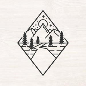 May include: A black and white line art illustration of a mountain range with a river flowing through it. The mountains are surrounded by trees and the moon and stars are visible in the sky.