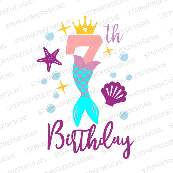 7. Geburtstag Meerjungfrau SVG PNG Dateien für Schneidemaschinen, digitale Clipart, Geburtstag, Meer, Muscheln, Meerjungfrauenschwanz, unter dem Meer, sieben