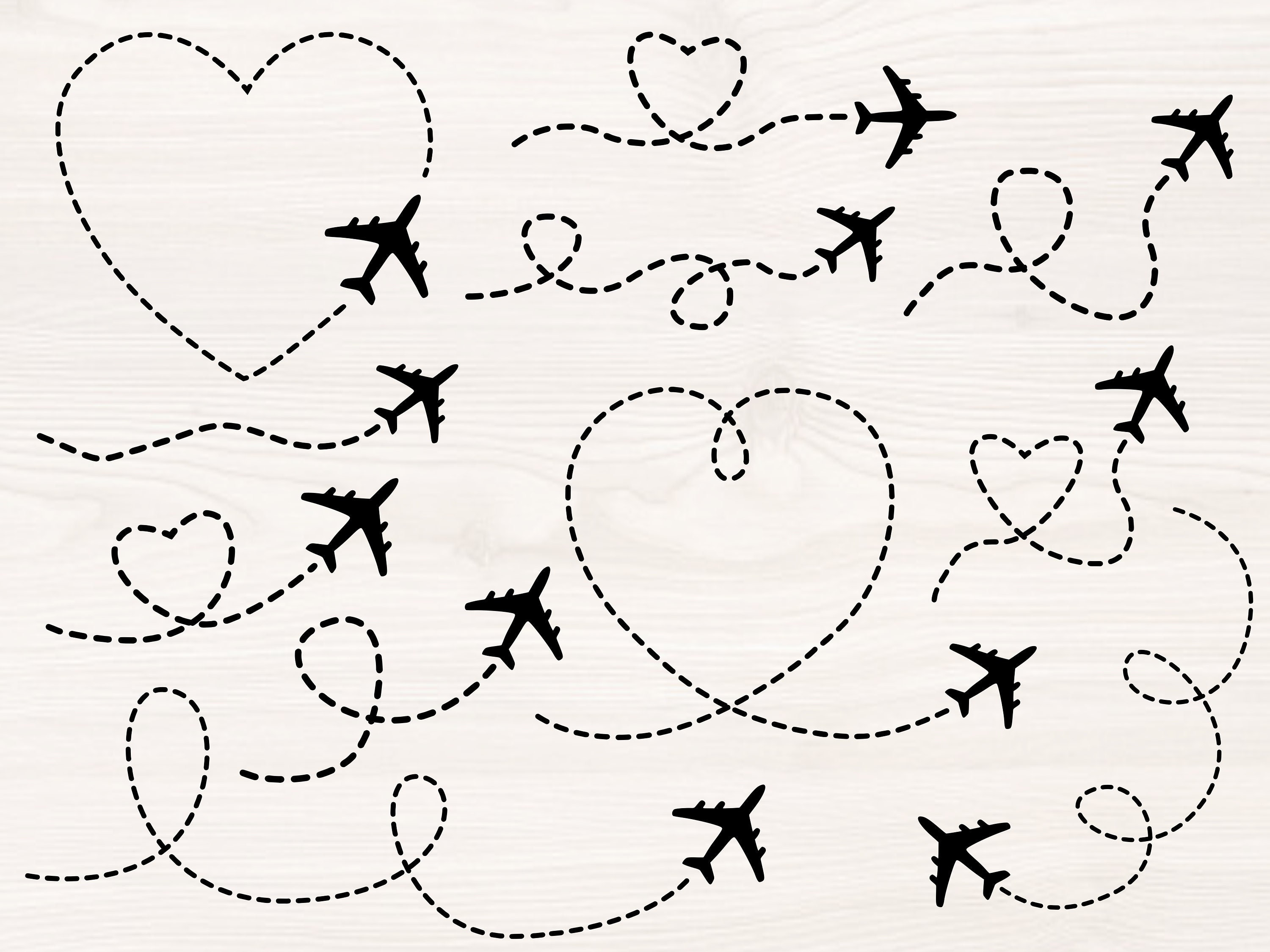 Airplane path bundle SVG PNG Files for cutting machines, digital clipart, plane route, heart path, dotted lines, dashed lines