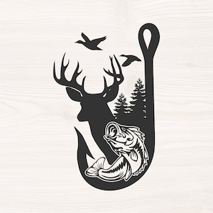 Scène d&#39;arbre à poissons cerf sur hameçon Fichiers SVG PNG pour machines de découpe, clipart numérique, chasse, camping, pêche, canards, mâle, achigan