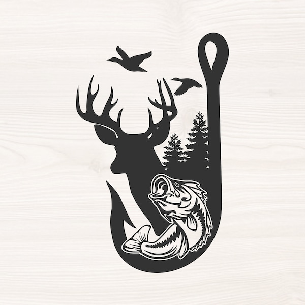 May include: Black and white graphic of a fishing hook silhouette. Inside the hook are a deer, pine trees, a fish, and two flying ducks. The design is suitable for outdoor enthusiasts and those who enjoy hunting and fishing.
