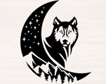 Wolf and moon SVG PNG Files for cutting machines, digital clipart, mountain scene, trees, stars, wolf face