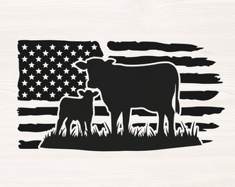 American Cow SVG PNG Files for cutting machines, digital clipart, farm, farmhouse, dairy, beef, USA, farmer, calf, American flag