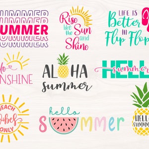 Hej sommarpaket SVG PNG-filer för skärmaskiner, digital clipart, semester, strand, ananas, hej solsken, flip-flops