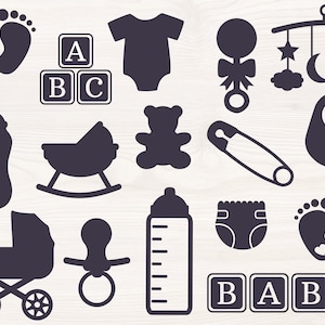 Baby Douche Bundel, SVG PNG Bestanden voor snijmachines, digitale clipart, nieuwe baby, baby voetafdrukken, slabbetje, luier, kinderwagen, onesie, baby fles