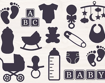 Baby Shower Bundle, SVG PNG Files for cutting machines, digital clipart, new baby, baby footprints, bib, diaper, pram, onesie, baby bottle