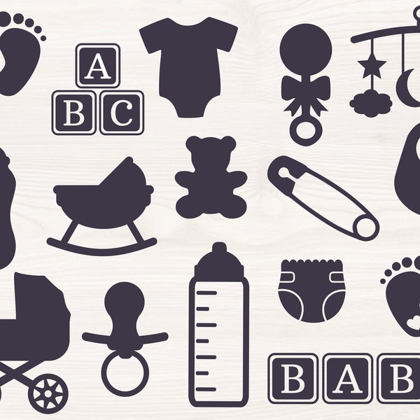 Baby Shower Bundle, SVG PNG Files for cutting machines, digital clipart, new baby, baby footprints, bib, diaper, pram, onesie, baby bottle