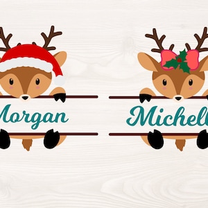 May include: Two cute cartoon reindeer holding a wooden sign with the names Morgan and Michelle written in teal. The reindeer on the left is wearing a red Santa hat and the reindeer on the right is wearing a red bow with green holly.