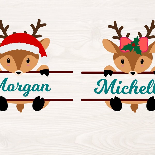 Christmas reindeer split monogram SVG PNG Files for cutting machines, digital clipart, santa hat, holly and ivy, bow