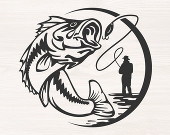 Fly fishing scene, SVG PNG Files for cutting machines, digital clipart, bass, fisherman, round decal, fish