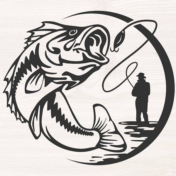 Fly fishing scene, SVG PNG Files for cutting machines, digital clipart, bass, fisherman, round decal, fish