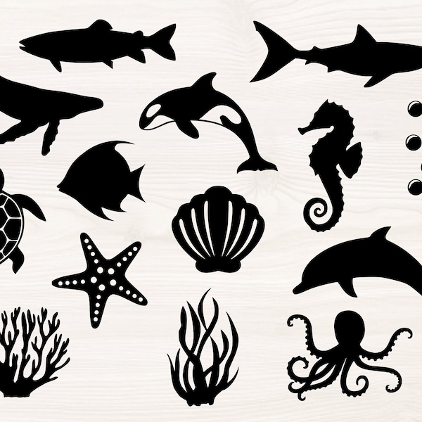 Ocean animals Bundle, SVG PNG Files for cutting machines, digital clipart, ocean sea animals, whale, shark, dolphin, star fish, octopus