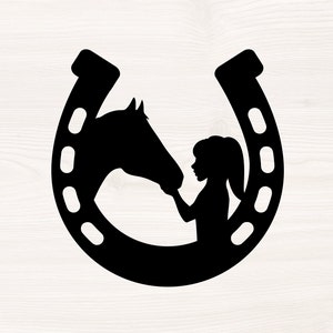 馬と少女の SVG PNG ファイル、カッティング マシン、デジタル クリップアート、カウガール、馬蹄、シルエット、馬好き