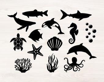 Ocean animals Bundle, SVG PNG Files for cutting machines, digital clipart, ocean sea animals, whale, shark, dolphin, star fish, octopus