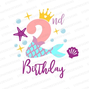 May include: A whimsical design for a second birthday, featuring a pink number 2 with a mermaid tail, a gold crown, and the word "Birthday" in purple script. Includes starfish, bubbles, and a seashell.