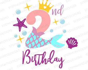 2nd birthday mermaid SVG PNG Files for cutting machines, digital clipart, birthday, sea, sea shells, mermaid tail, under the sea, two