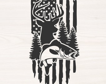 Deer fish tree scene on American flag SVG PNG Files for cutting machines, digital clipart, hunting, camping, fishing, distressed, buck, bass