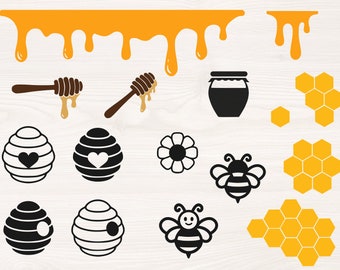 Honey bundle SVG PNG Files for cutting machines, digital clipart, bumble bee, honey bee, bee hive, honeycomb, honey drip, honey stick