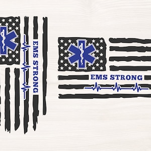Könnte beinhalten: Schwarz-weißes, abgenutztes Design einer amerikanischen Flagge mit einem blauen medizinischen Symbol und dem Text "EMS STRONG" mit einem Herzschlag-Grafik.