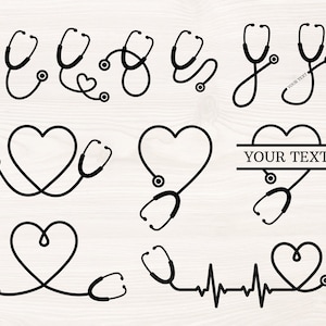 Pacchetto di stetoscopi SVG PNG Files per macchine da taglio, clipart digitali, vita infermieristica, cuore, medicina, monogramma, ECG, stetoscopio