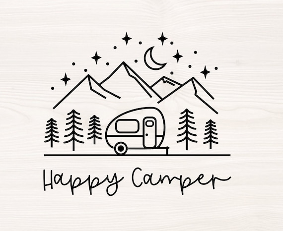Happy camper SVG PNG Files for cutting machines, digital clipart, camping, mountain scene, night sky, line drawing, adventure, tear drop