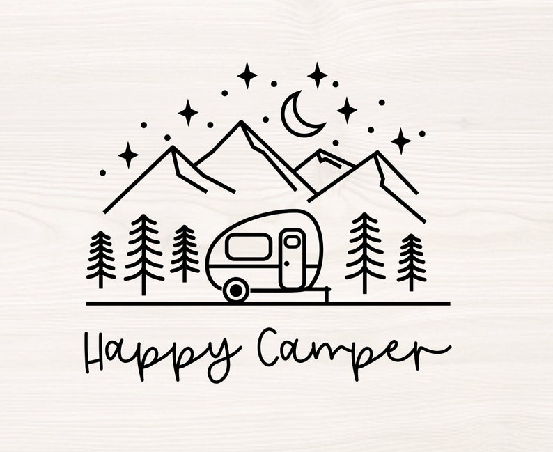 May include: Black and white line art illustration of a camper van in front of mountains with a crescent moon and stars in the sky. The text "Happy Camper" is below the image.
