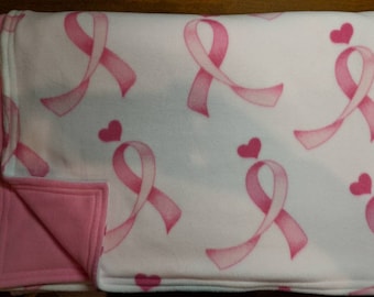 Pink ribbon fleece blanket, breast cancer fleece throw, reversible fleece blanket