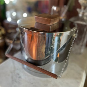 Atapco Vintage MCM Chrome Ice Bucket Wooden Details Bar Cart Accessories