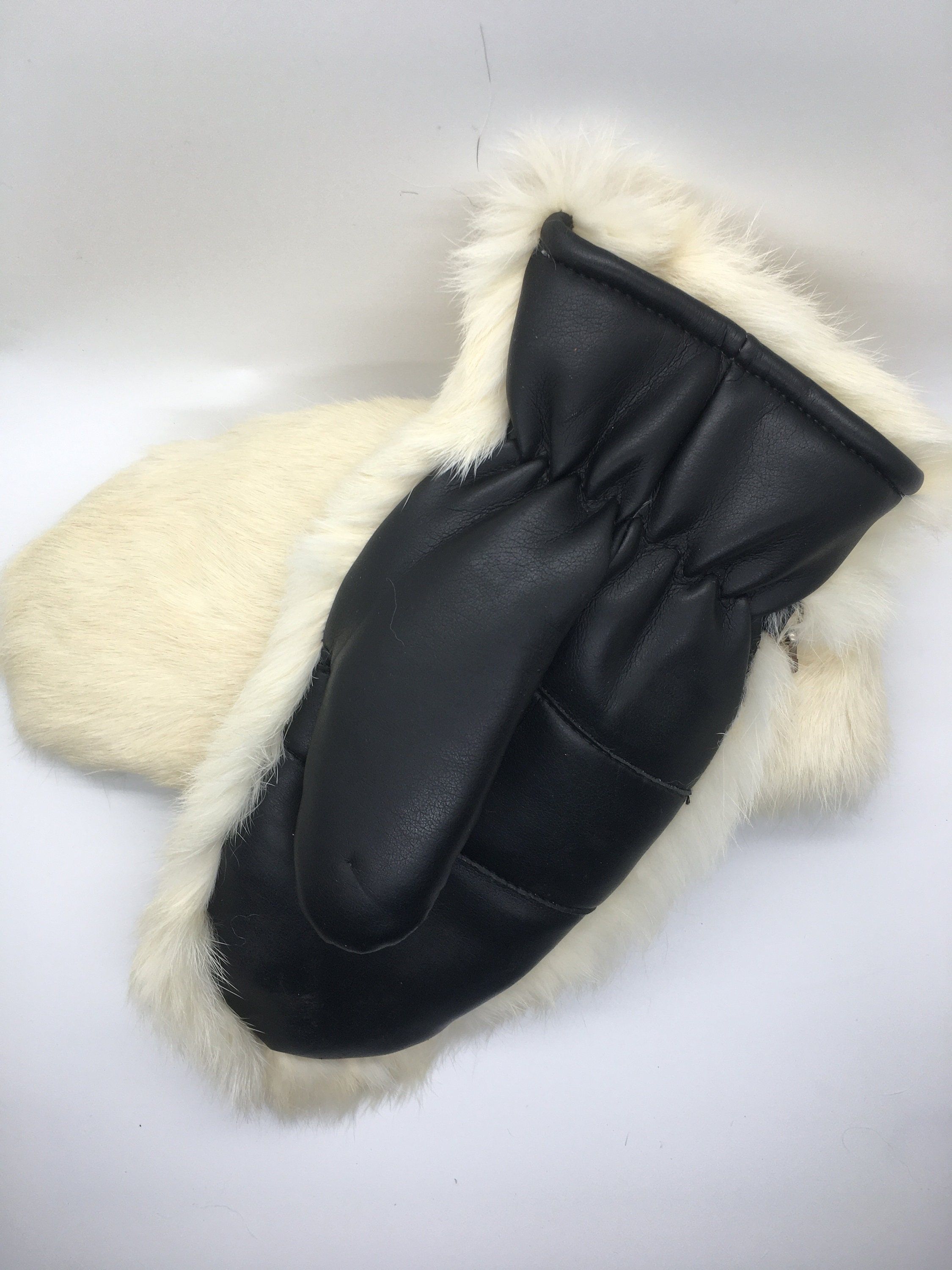 Leather mittens with rabbit fur deals