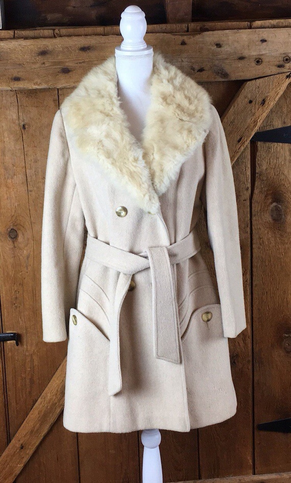 Vintage Belted Wool Coat With Fur Trim