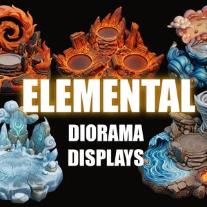 May include: Five distinct circular diorama displays featuring elemental themes of fire, lava, water, ice, and earth. The displays are arranged against a black background with the white text ELEMENTAL DIORAMA DISPLAYS centered in the middle.
