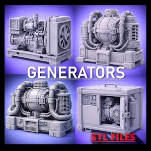May include: A collection of four light gray 3D printed generator models featuring intricate mechanical details, pipes, cooling fans, and control panels. The image includes the text GENERATORS and STL FILES displayed on a purple background.