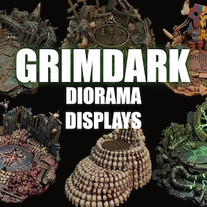 May include: A collection of six detailed diorama displays featuring various textured bases with ruins, skulls, mechanical parts, and glowing green energy effects, with the text GRIMDARK DIORAMA DISPLAYS overlaid in white capital letters.