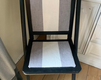 Vintage Wooden Folding Chair Black With Wide Gray Stripe Upholstered Seat & Back