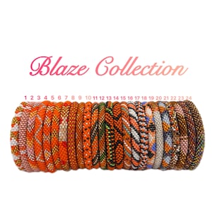 May include: A collection of 24 orange, white, and black beaded bracelets with different patterns. The bracelets are numbered 1 through 24. The text "Blaze Collection" is written in pink above the bracelets.