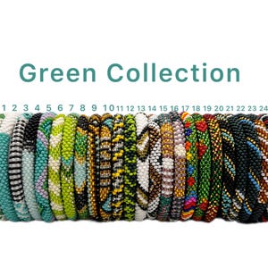 May include: A collection of beaded bracelets in various colors, including green, white, black, and gold. The bracelets are arranged in a row, with the text "Green Collection" above them. Each bracelet is numbered from 1 to 24.