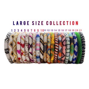 May include: A collection of beaded bracelets in various colors and patterns. The bracelets are stacked together, with the text "LARGE SIZE COLLECTION" above them. Numbers 1 through 21 are printed below the bracelets.