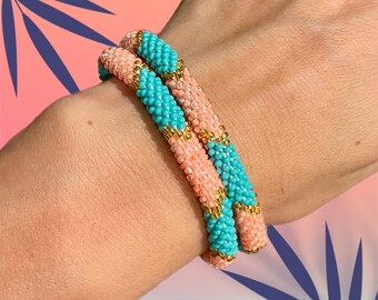 Coral and Turquoise beaded Bracelet Set for Women, Seed Bead Bracelets, Nepal Handmade Glass Bracelets, Tiny bead Summer Rolled Bracelet duo