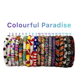 May include: A collection of 19 beaded bracelets in various colors and patterns. The bracelets are arranged side by side, showcasing a diverse range of designs. The text "Colourful Paradise" is displayed above the bracelets.