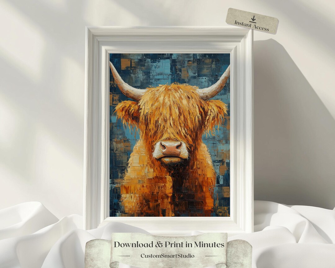 Colorful Fur Highland Cow Wall Art, Vibrant Boho Animal Portrait ...