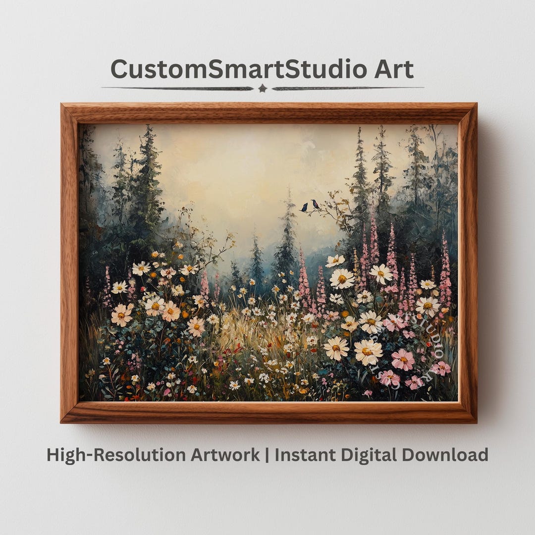 Serene Wildflower Meadow Printable - Elegant Oil Landscape Art, Calming ...