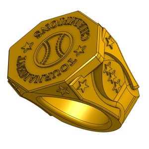 May include: A gold-colored ring with a baseball and the words "TOURNAMENT CHAMPIONS" engraved on the top. The ring has three stars on the side.