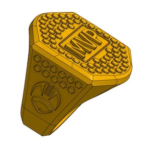 May include: A gold-colored ring with the letters "MVP" in a rectangular design on the top. The ring has a geometric pattern of small hexagons around the top and sides, and a stylized emblem on the side.