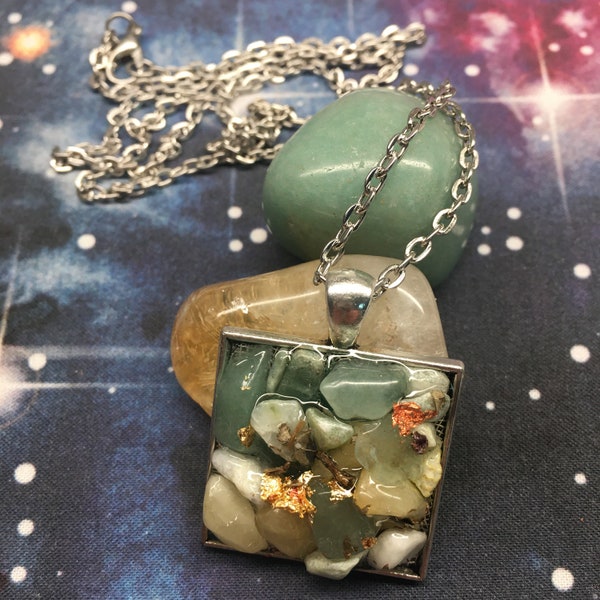 Square Good Luck Amulet - Wealth, gold, money, success, jewelry, necklace, gift, green aventurine, citrine, magic, witchcraft, talisman