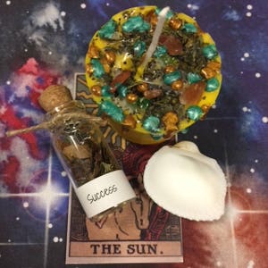 Success Candle Spell kit - witchcraft, new age, Wiccan, votive, magickal, spiritual, crystals, herbs, tarot, chakra, witch, Money, ritual